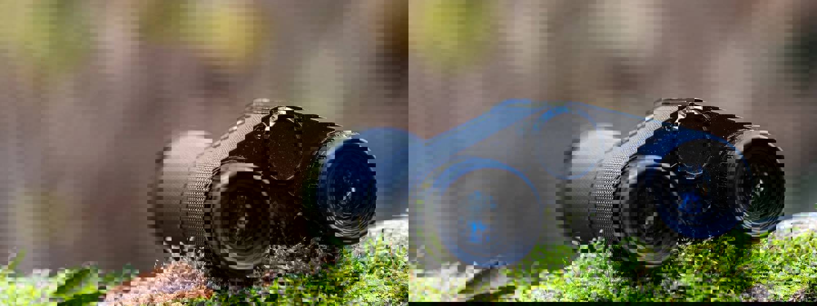 A pair of binoculars resting on moss-covered wood in a natural setting.