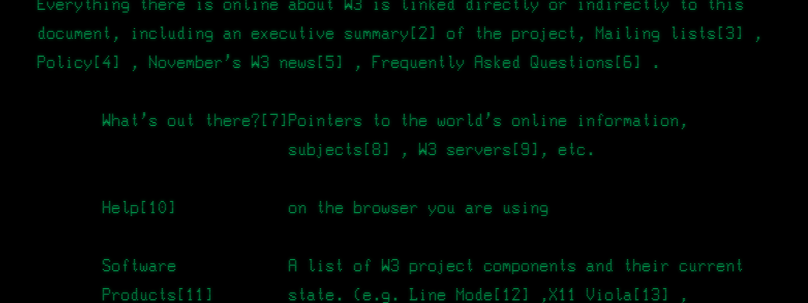 Text-based overview of the World Wide Web project and its components.