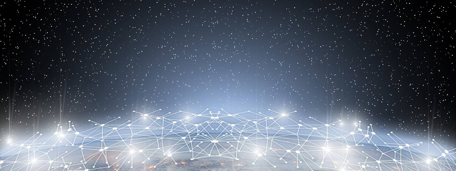 A digital network overlaying Earth, illuminated against a starry sky.