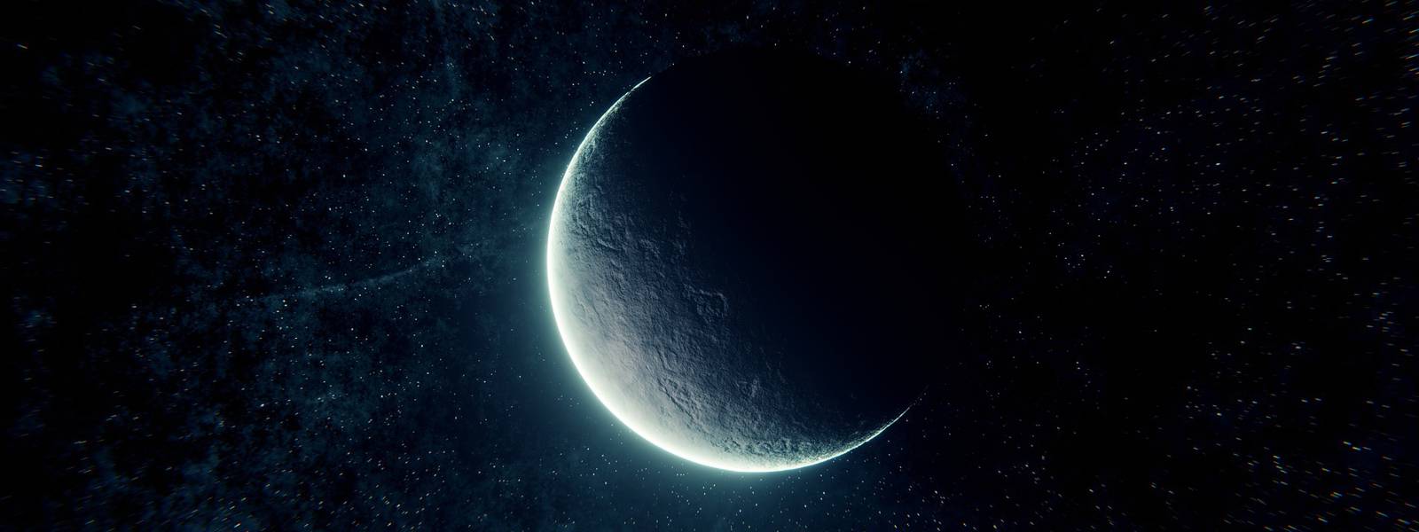 A celestial body partially illuminated against a starry dark background.