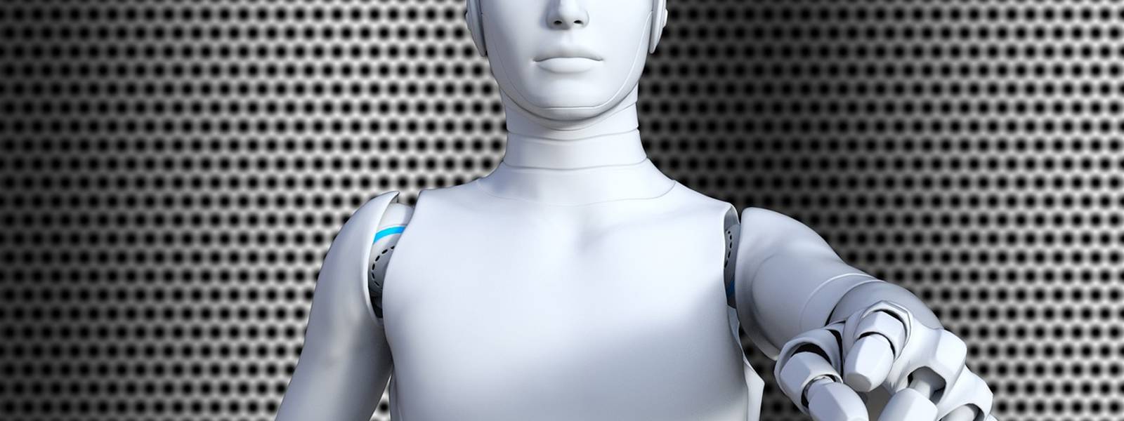 Futuristic robot figure with blue accents, extending its hand in a metallic setting.