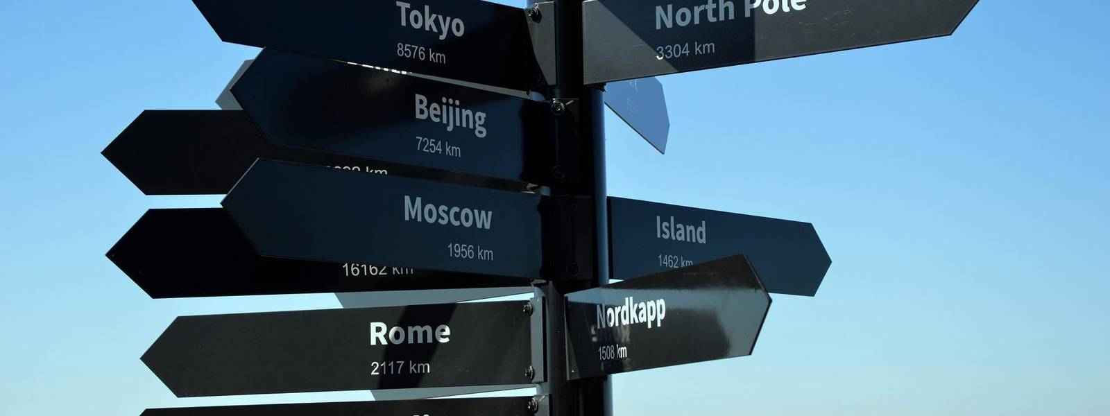 Signpost displaying distances to various global cities and landmarks.