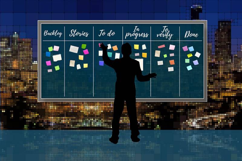 Silhouette of a person organising tasks on a Kanban board with sticky notes.